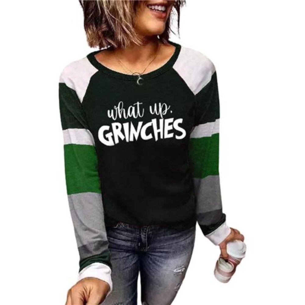 What Up Color Block Baseball T-Shirt for Women Christmas Casual Splicing Shirt